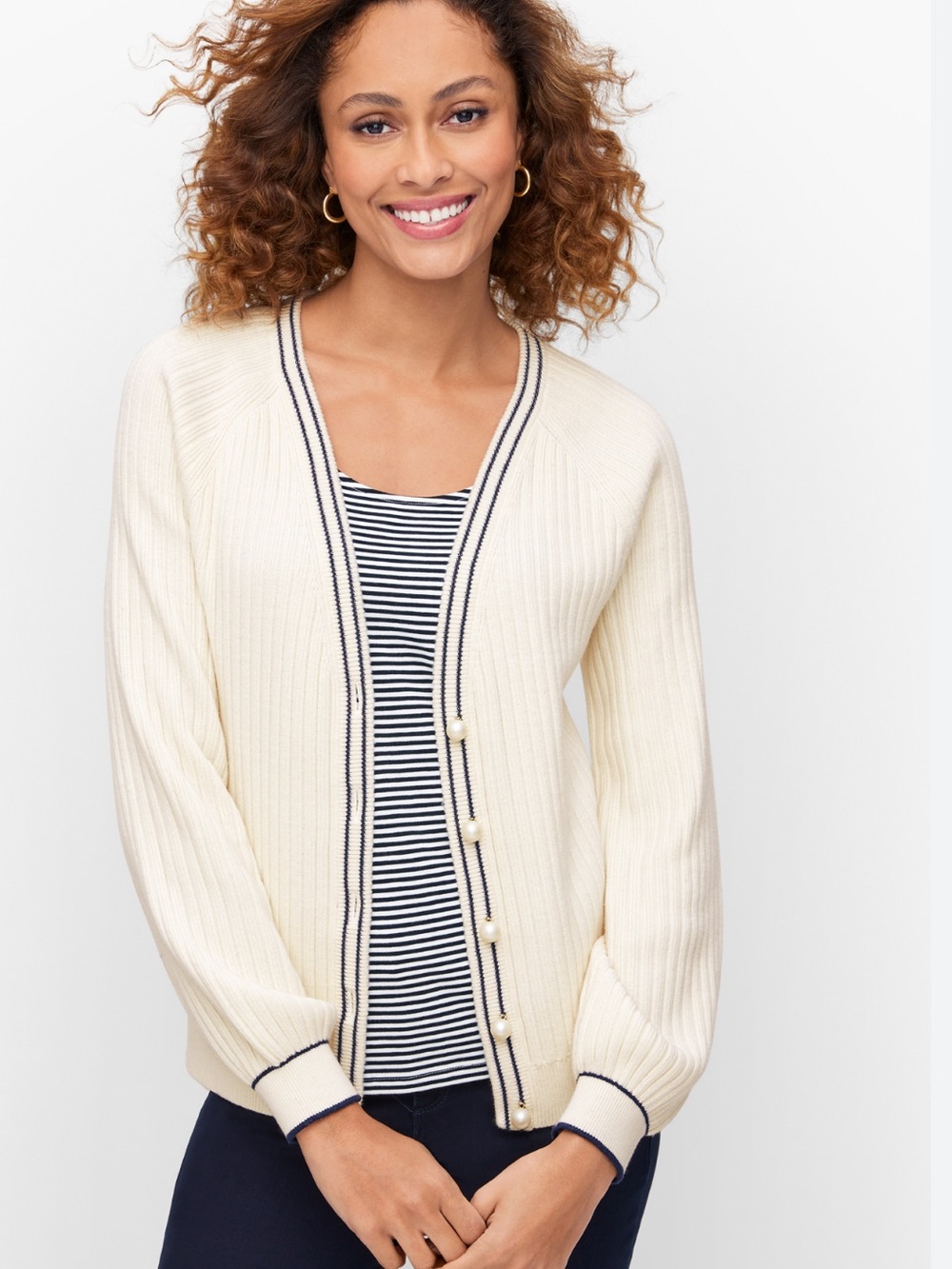 Talbots Ivory Pearl Button V-Neck cardigan W/ Black Stripe Trim SZ LP - Picture 4 of 16